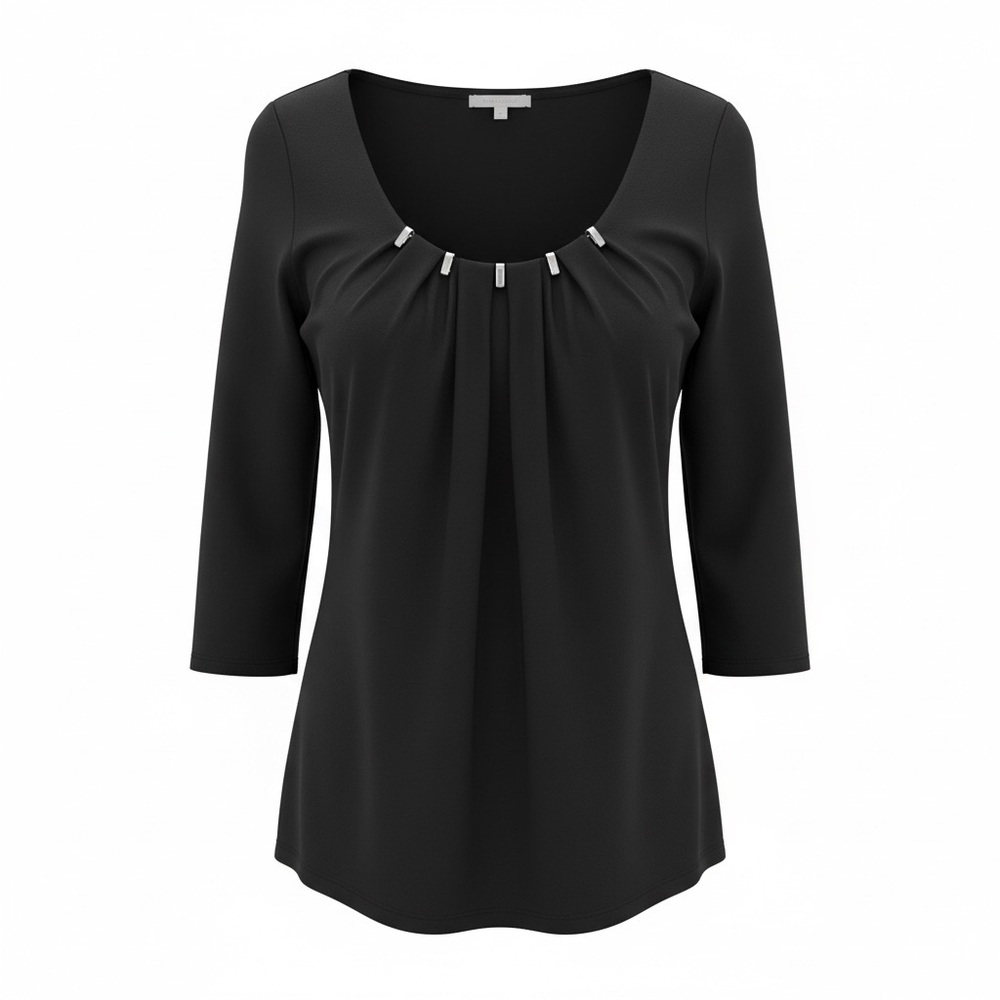 White House Black Market Black Scoop-Neck 3/4 Sleeve Top with Front Pleats S
